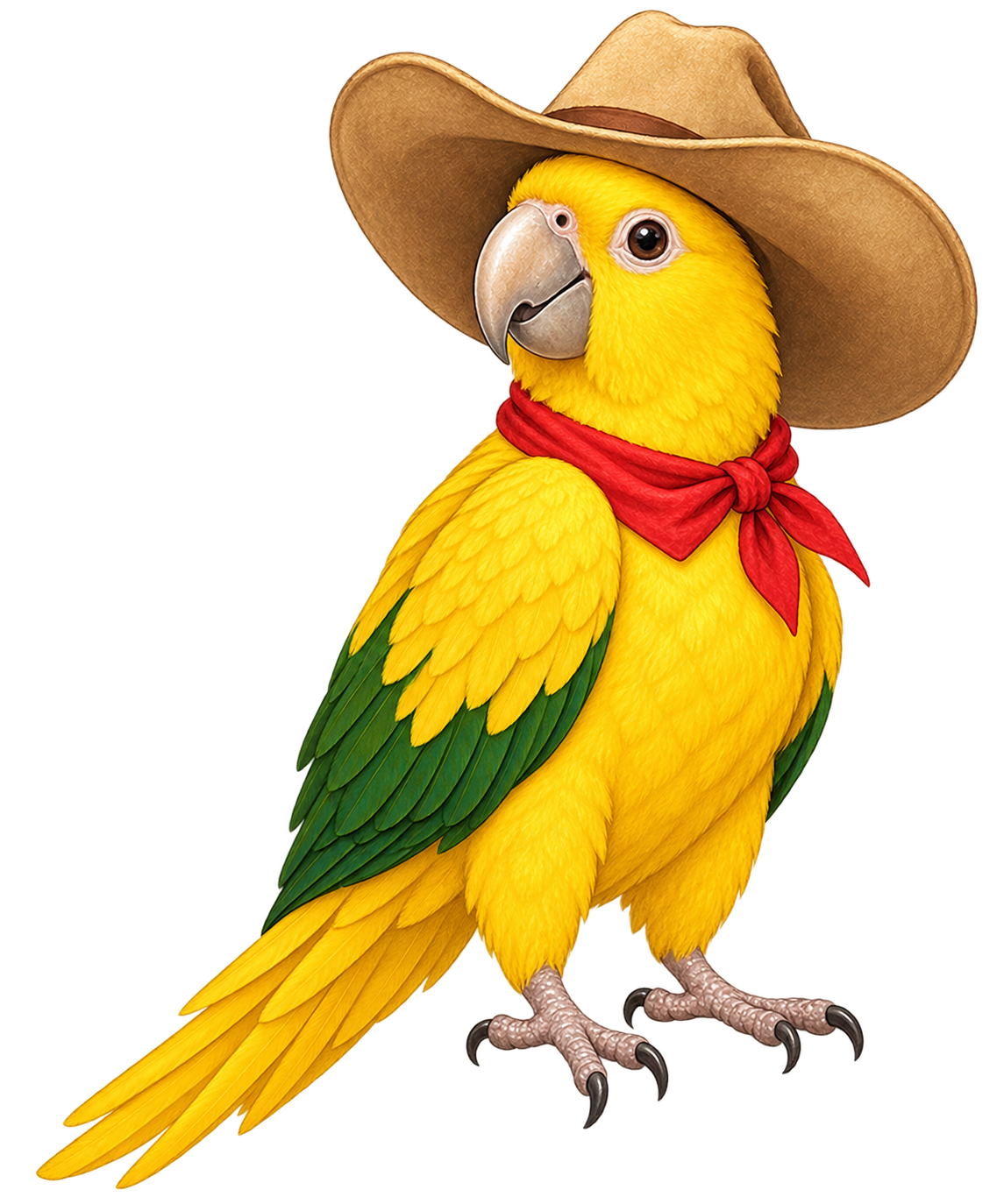 Illustrated golden conure wearing a cowboy hat and red neckerchief