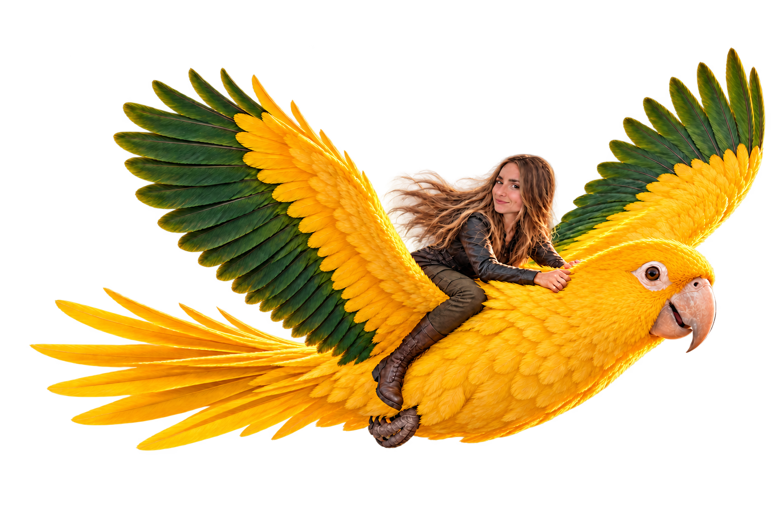 Illustration of a woman riding a giant golden conure in flight